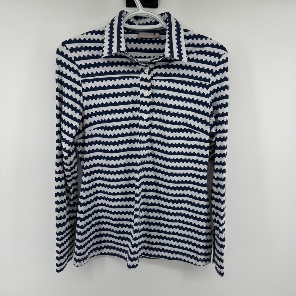 Ellie Kai‎ Womens Size 4 Navy Blue White Geometric Stripe Long Sleeve Polo Top